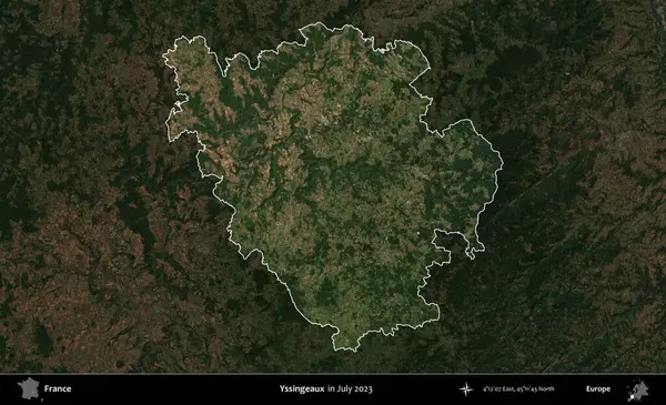 Yssingeaux. Fransa 'nın idari alanı, Temmuz 2023' te çekilen Kopernik Nöbetçi karolarından oluşan koyu renkli bir uydu görüntüsüyle vurgulandı ve özetlendi.