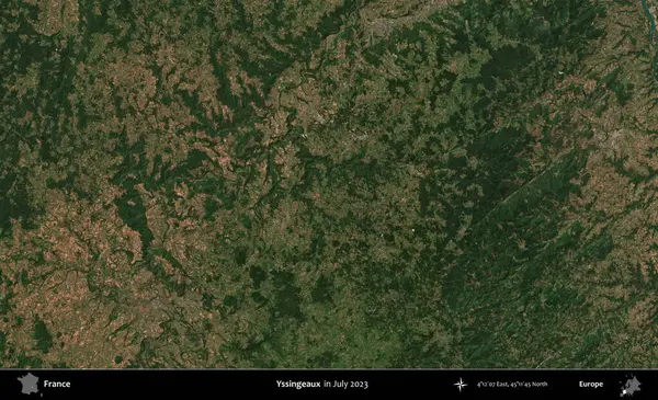Yssingeaux. Copernicus Sentinel 'in Temmuz 2023' te çekilmiş uydu görüntüsü üzerine Fransa 'nın idari bölgesi.
