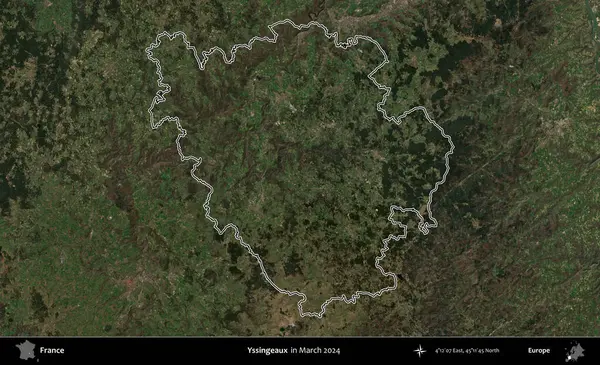 Yssingeaux. Mart 2024 'te çekilen Copernicus Sentinel karolarından oluşan bir uydu görüntüsünde Fransa' nın idari bölgesinin ana hatlarını çizdim.