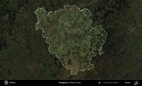Yssingeaux. Fransa 'nın idari alanı, Mart 2024' te çekilen Kopernik Nöbetçi karolarından oluşan koyu renkli bir uydu görüntüsü üzerinde vurgulandı ve özetlendi.