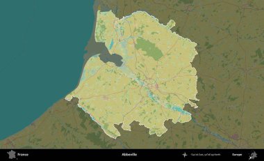 Abbeville 'de. Fransa 'nın idari alanı karanlık bir OpenStreetMap İnsani Haritası' na vurgulandı ve özetlendi