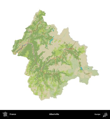 Albertville 'de. Fransa 'nın idari bölgesi bir OpenStreetMap İnsani Harita stili haritasında beyaza izole edildi