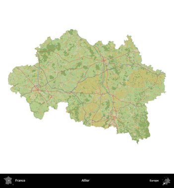Allier. Fransa 'nın idari bölgesi bir OpenStreetMap İnsani Harita stili haritasında beyaza izole edildi