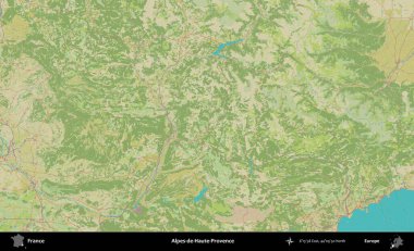 Alpes-de-Haute-Provence. OpenStreetMap İnsani Yardım Stili Haritasında Fransa 'nın idari alanı