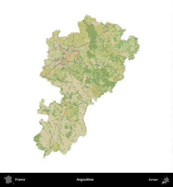 Angoume. Fransa 'nın idari bölgesi bir OpenStreetMap İnsani Harita stili haritasında beyaza izole edildi