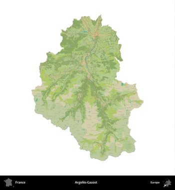 Argeles-Gazost. Fransa 'nın idari bölgesi bir OpenStreetMap İnsani Harita stili haritasında beyaza izole edildi
