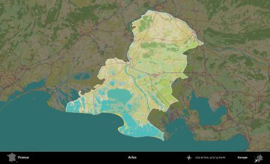 Arles. Fransa 'nın idari alanı karanlık bir OpenStreetMap İnsani Haritası' na vurgulandı ve özetlendi