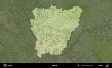 Aurillac. Fransa 'nın idari alanı karanlık bir OpenStreetMap İnsani Haritası' na vurgulandı ve özetlendi