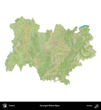 Auvergne-Rhone-Alpes. Fransa 'nın idari bölgesi bir OpenStreetMap İnsani Harita stili haritasında beyaza izole edildi