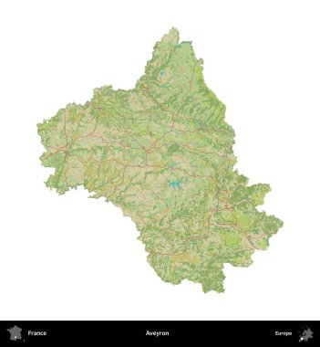 Aveyron. Fransa 'nın idari bölgesi bir OpenStreetMap İnsani Harita stili haritasında beyaza izole edildi