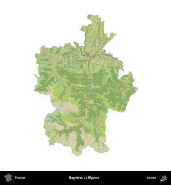 Bagneres-de-Bigorre. Fransa 'nın idari bölgesi bir OpenStreetMap İnsani Harita stili haritasında beyaza izole edildi