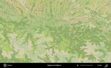 Bagneres-de-Bigorre. OpenStreetMap İnsani Yardım Stili Haritasında Fransa 'nın idari alanı