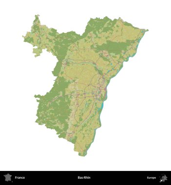 Bas-Rhin. Fransa 'nın idari bölgesi bir OpenStreetMap İnsani Harita stili haritasında beyaza izole edildi