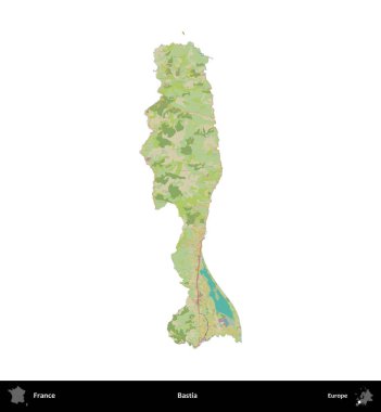 Bastia. Fransa 'nın idari bölgesi bir OpenStreetMap İnsani Harita stili haritasında beyaza izole edildi