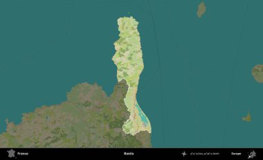 Bastia. Fransa 'nın idari alanı karanlık bir OpenStreetMap İnsani Haritası' na vurgulandı ve özetlendi