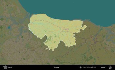 Bayeux. Fransa 'nın idari alanı karanlık bir OpenStreetMap İnsani Haritası' na vurgulandı ve özetlendi