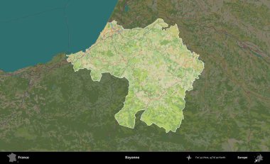 Bayonne. Fransa 'nın idari alanı karanlık bir OpenStreetMap İnsani Haritası' na vurgulandı ve özetlendi