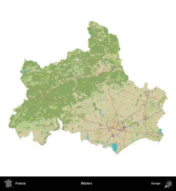 Beziers. Fransa 'nın idari bölgesi bir OpenStreetMap İnsani Harita stili haritasında beyaza izole edildi