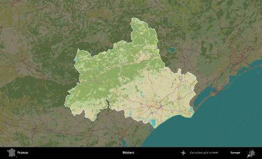 Beziers. Fransa 'nın idari alanı karanlık bir OpenStreetMap İnsani Haritası' na vurgulandı ve özetlendi
