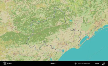 Beziers. OpenStreetMap İnsani Haritada Fransa 'nın idari alanının ana hatları