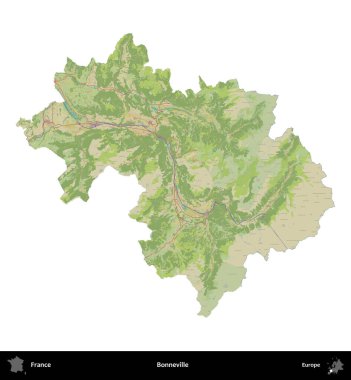 Bonneville 'de. Fransa 'nın idari bölgesi bir OpenStreetMap İnsani Harita stili haritasında beyaza izole edildi