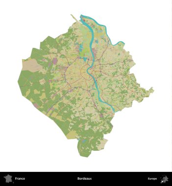 Bordo şarabı. Fransa 'nın idari bölgesi bir OpenStreetMap İnsani Harita stili haritasında beyaza izole edildi
