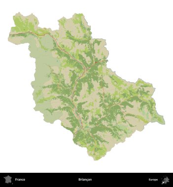 Briancon. Fransa 'nın idari bölgesi bir OpenStreetMap İnsani Harita stili haritasında beyaza izole edildi