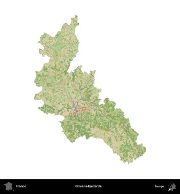 Brive-la-Gaillarde. Fransa 'nın idari bölgesi bir OpenStreetMap İnsani Harita stili haritasında beyaza izole edildi