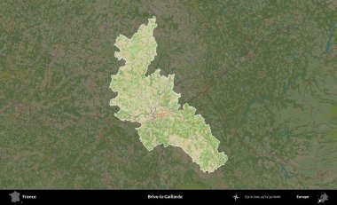 Brive-la-Gaillarde. Fransa 'nın idari alanı karanlık bir OpenStreetMap İnsani Haritası' na vurgulandı ve özetlendi