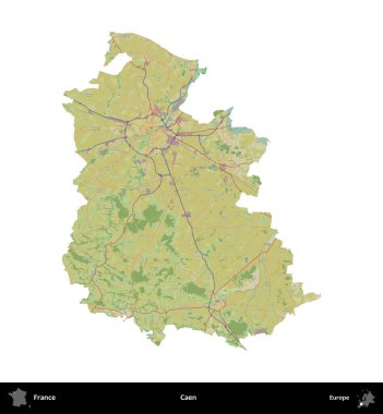 Caen. Fransa 'nın idari bölgesi bir OpenStreetMap İnsani Harita stili haritasında beyaza izole edildi
