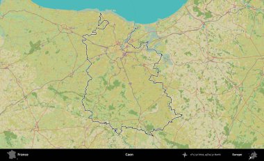 Caen. OpenStreetMap İnsani Haritada Fransa 'nın idari alanının ana hatları