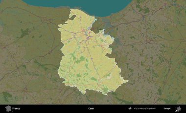 Caen. Fransa 'nın idari alanı karanlık bir OpenStreetMap İnsani Haritası' na vurgulandı ve özetlendi