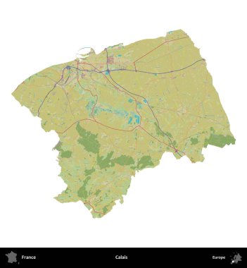 Calais. Fransa 'nın idari bölgesi bir OpenStreetMap İnsani Harita stili haritasında beyaza izole edildi