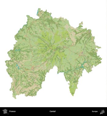 Cantal. Fransa 'nın idari bölgesi bir OpenStreetMap İnsani Harita stili haritasında beyaza izole edildi