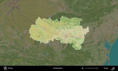 Carcassonne. Fransa 'nın idari alanı karanlık bir OpenStreetMap İnsani Haritası' na vurgulandı ve özetlendi