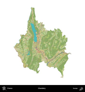 Chambery. Fransa 'nın idari bölgesi bir OpenStreetMap İnsani Harita stili haritasında beyaza izole edildi
