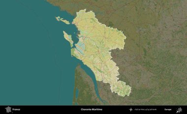 Charente-Maritime. Fransa 'nın idari alanı karanlık bir OpenStreetMap İnsani Haritası' na vurgulandı ve özetlendi