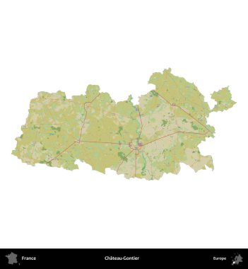 Şato-Gontier. Fransa 'nın idari bölgesi bir OpenStreetMap İnsani Harita stili haritasında beyaza izole edildi