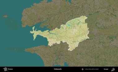 Chateaulin. Fransa 'nın idari alanı karanlık bir OpenStreetMap İnsani Haritası' na vurgulandı ve özetlendi