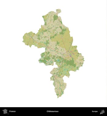 Chateauroux. Fransa 'nın idari bölgesi bir OpenStreetMap İnsani Harita stili haritasında beyaza izole edildi