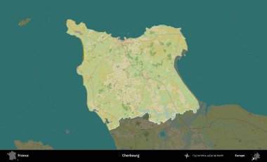 Cherbourg 'da. Fransa 'nın idari alanı karanlık bir OpenStreetMap İnsani Haritası' na vurgulandı ve özetlendi