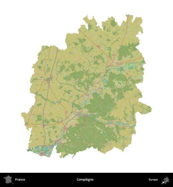 Compiegne. Fransa 'nın idari bölgesi bir OpenStreetMap İnsani Harita stili haritasında beyaza izole edildi