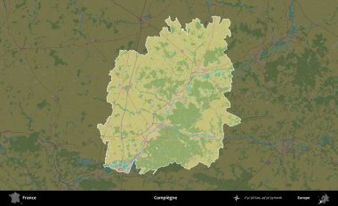 Compiegne. Fransa 'nın idari alanı karanlık bir OpenStreetMap İnsani Haritası' na vurgulandı ve özetlendi