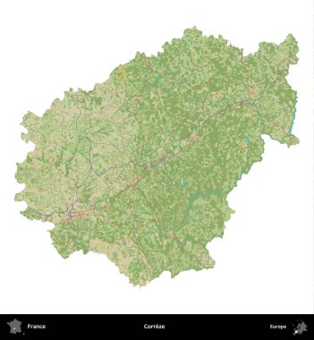 Correze. Fransa 'nın idari bölgesi bir OpenStreetMap İnsani Harita stili haritasında beyaza izole edildi
