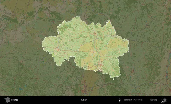 Allier. Fransa 'nın idari alanı karanlık bir OpenStreetMap İnsani Haritası' na vurgulandı ve özetlendi