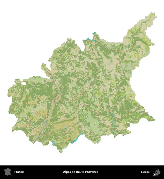 Alpes-de-Haute-Provence. Fransa 'nın idari bölgesi bir OpenStreetMap İnsani Harita stili haritasında beyaza izole edildi