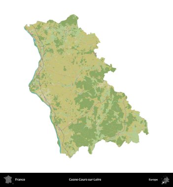 Cosne-Cours-sur-Loire. Fransa 'nın idari bölgesi bir OpenStreetMap İnsani Harita stili haritasında beyaza izole edildi