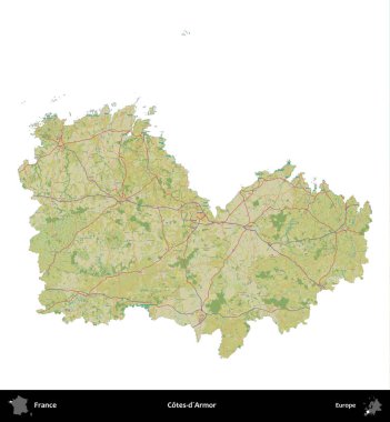 Cotes-d'Armor. Fransa 'nın idari bölgesi bir OpenStreetMap İnsani Harita stili haritasında beyaza izole edildi