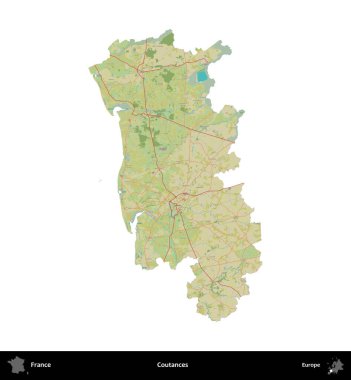 Coutances. Fransa 'nın idari bölgesi bir OpenStreetMap İnsani Harita stili haritasında beyaza izole edildi