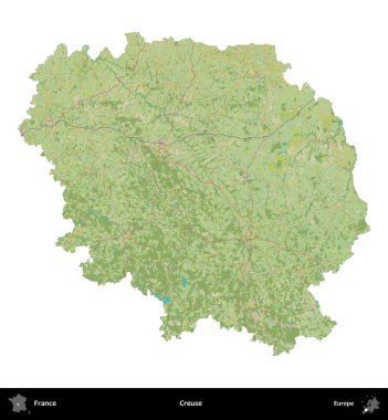 Creuse. Fransa 'nın idari bölgesi bir OpenStreetMap İnsani Harita stili haritasında beyaza izole edildi